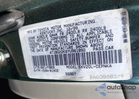 2000 Toyota Camry Le из США, поврежденный, VIN 4T1BG22K6YU961992